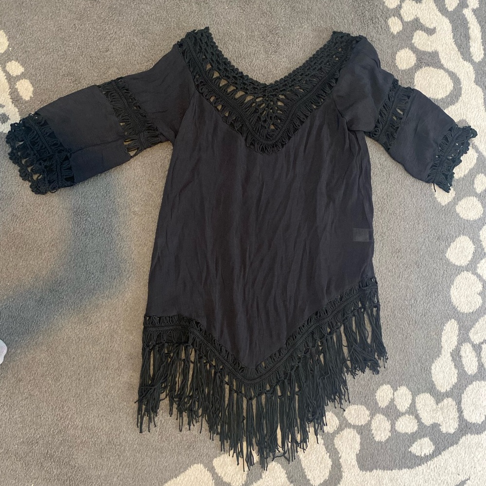 New Black Crochet Fringe V-Neck Tunic coverup
